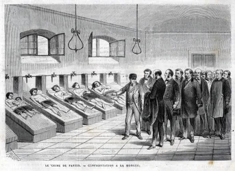 Crime of Pantin in October 1869. Confrontation at the morgue. engraving of 1869