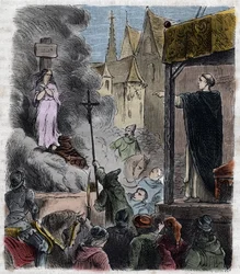 Crusade against the Albigeois - Heretics burned alive: Cathars on the stake, at the time of the crusade against the Albigenses in France 13th century (engraving from 1879 in 