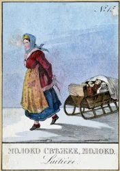 Dairy woman in Russia who carries her milk cans on a sledge, Bibliotheque des Arts Deco