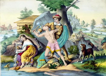 Daniel Boone protects his family: Daniel Boone, American pioneer killing an Indian who attacks his family with an axe. Engraving 19th century