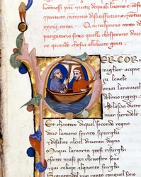 Dante Alighieri: Divine Comedy incipit of Purgatory. Dante and Virgil. 14th century manuscript. Milano Biblioteca Trivulziana