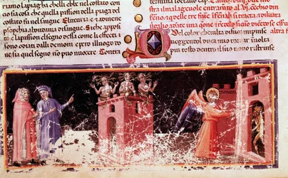 Dante and Virgil at the gate of Dite controlled by the furies (song 9 of Hell, in the Divine Comedy)