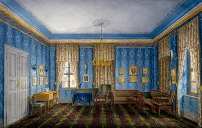 Dayroom with blue wallpaper and garlands
