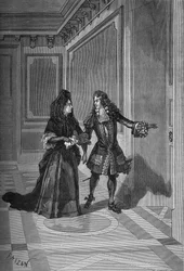 Death of Marie Therese, Queen of France, 30 July 1683: M. de la Rochefoucauld asking Madame de Maintenon to surrender to King Louis XIV. Engraving