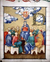 Descent of the Holy Spirit. Choir of the Church of the Virgin Crowned by Lodi, miniature of the 15th century