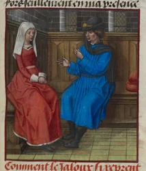 (detail) A jealous man and his wife, seated, from 