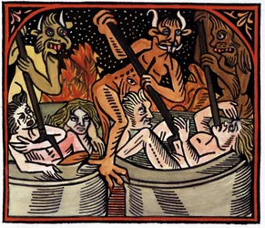 Devils cooking men in cauldrons in hell