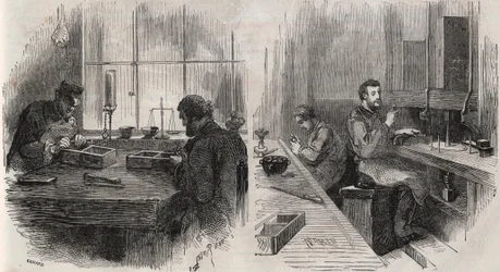 Diamond Cutting in a Workshop in the Netherlands: Splitters and Polishers (Engraving in Le Monde Illustré)
