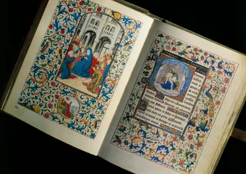 Double page of an open manuscript (book): the descent of the Holy Spirit. Miniature after the Breviary of Mary of Burgundy