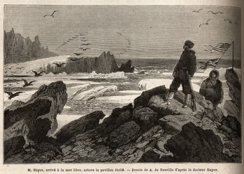 Dr. Hayes, arrives at the free sea of the Arctic pole, the purpose of his expedition, plants the American star banner. Engraving to illustrate the voyage to the free sea of the Arctic pole, by Doctor Hayes, surgeon of the United States Navy, in 1860-1862
