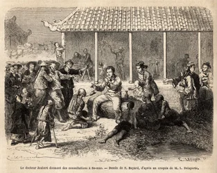 Dr. Joubert giving consultations in Se-Mao (China), engraving illustrating a voyage