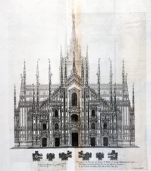 Drawing of the facade of the Duomo of Milan showing its uniformity with the body of the building. Many architectural projects were designed around the 17th century to complete the facade that had remained unfinished.