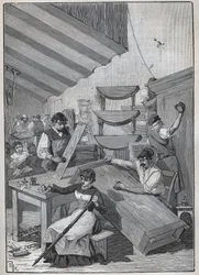 Ebenisterie: stamp varnishing workshop. Engraving from 1885 in 