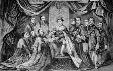 Edward VI (1547 -1553), King of England, granting a privilege by signing a charter to Bridewell - according to Hans Holbein