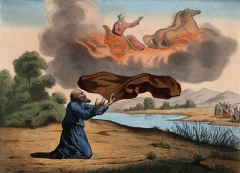 Elijah raised up to heaven leaves her coat to Elisee as a sign of succession. The two prophets went to Jericho when Elijah was taken away by a chariot of fire fired by fire horses, sent by God, into a storm sky. Anonymous engraving from the middle of the 1