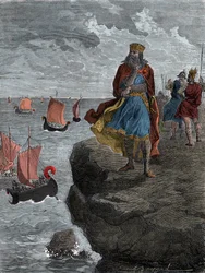 Emperor Charlemagne watching the arrival of Norman ships - King Charlemagne, King of the Franks, looks down onto vessels filled with invading Norsemen