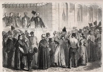 Emperor Napoleon III on the terrace of the villa of Strauss in Vichy, greeted by the people of the countryside on Sunday 7 July 1861 - Engraving in 