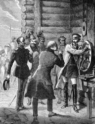 Emperor Nicholas I performed the first test of the telegraph line from St. Petersburg to Warsaw in 1838. Engraving 19th century