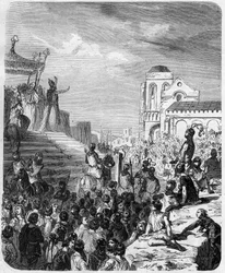 End of the Carolingian Empire: Deposition of Charles III the Fat (839-888) in 887. Engraving in 