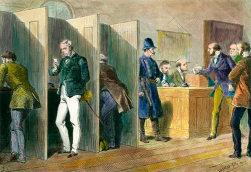 English democracy: Inside a polling station during elections in England with representation of the voting booths. Engraving of the 19th century