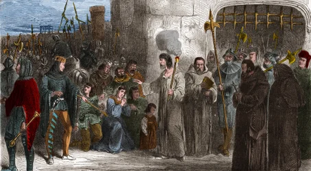 Enguerrand de Marigny, chamberlain and minister of King Philip IV the Fair walking to torture in 1315. Engraving in 