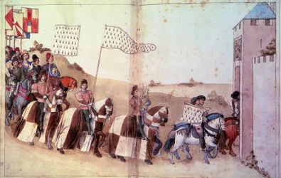 Entrance of the Cortege, Carrying the Helm and the Banner of the Duke of Brittany, in the Cloister