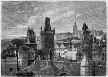 Entrance of the Charles Bridge in Prague - Engraving In 