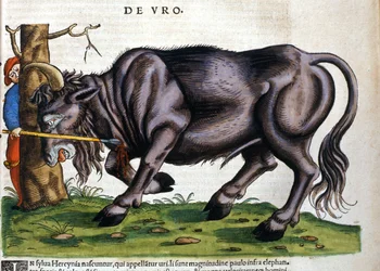 European bison whose breed died in the 17th century in “Historia Animalium” by Konrad Gesner.