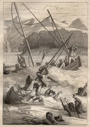 Expedition around the world by Jean Francois Galaup de La Perouse: shipwreck of the boats at the port of the French (Alaska) - illustration taken from The Great Mariners of the 18th century