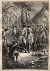 Expedition by Nicolas Thomas Marion-Dufresne: in search of Marion and their missing comrades, sailors discover a skull and human remains in the village of Tacouri (Matuaro Island, New Zealand) - illustration taken from “The Great Mariners of the 18th centu