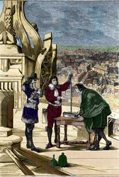 Experiment of Blaise Pascal with a mercury barometer at the top of the Tour Saint Jacques la Boucherie in Paris