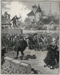 Experience of mechanical minting by Nicolas Briot (Engraver of the Kingdom of France) in 1616. Engraving from 1885 in 