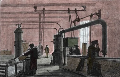 Factory for the manufacture of ice with the system of Ferdinand Carre (1824-1894). Engraving of the 19th century