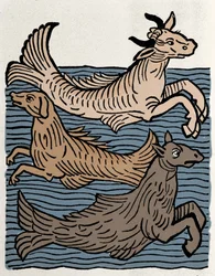 Fantastic Creatures: Representation of a Cow, Dog, and Seahorse. Engraving from 