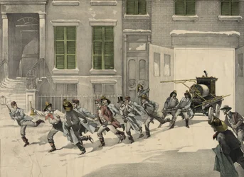 Fire Fighters Depart Emergency Calls at the Fire Site, Watercolor of 1895. USA