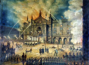 Fire of the Vienna Opera Wiener Ringtheater in 1881. 19th century drawing.