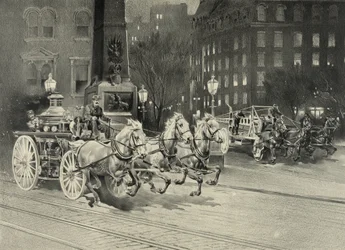 Fire vehicle pulled by horses arriving at the fire site, USA, 1895