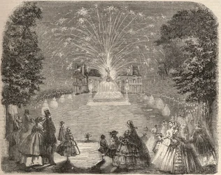 Fireworks and illumination of the Château de Maisons-Laffitte (Maison-Laffitte) on the evening of the agricultural committee competition. Engraving in "Le Monde illustré" from 1857. Private collection.