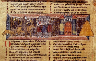 First Crusade (1096-1099): Peter the Hermit (1050-1115), French religious leader of the First Crusade, harangues the Crusaders. Manuscript of the Knight of the Swan