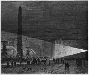 First public demonstration of electric lighting in Paris on the Place de la Concorde by Deleuil and Léon Foucault in December 1844. In "La Nature. Review of Sciences and Their Applications to the Arts and Industry".