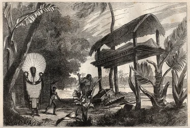 First voyage (1768-1771) of Captain James Cook: a fia-toka, burial building of Tahiti - illustration taken from The Great Mariners of the 18th century