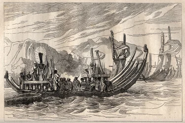 First voyage of Captain James Cook: the Tahiti fleet gathered in Oparee - illustration taken from The Great Mariners of the 18th century