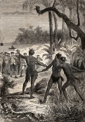 First voyage of Captain James Cook: while Cook and ten sailors sail on the southern coast of New Guinea, three Indians rose out of the wood with great screams - illustration taken from “The Great Mariners of the 18th century”