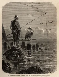 Fisherman of Yedo Bay (or Edo, present-day Tokyo), grabbed by an eagle, a low tide, the boats lay the fishermen on blocks of stone laid dry in the bay, the latter remain straight, motionless and fish with the hook of the fish that they slide in a long line