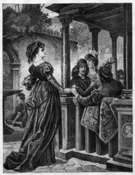 Flower merchant in the streets of Florence in the Middle Ages. Engraving in “The Illustrious Universe”