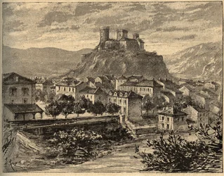 Foix - Ariege - Occitanie - engraving in “PATRIE” - DESCRIPTION PICTURESQUE OF FRANCE IN 6 VOLUMES BY LUCIEN HUARD - end 19th century