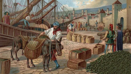 Former shopping centres: transport of figs to Marseille in the Middle Ages. Chromolithography of the late 19th century
