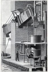 Former steam engine of Thomas Newcomen, currently operating near Bristol in England. Engraving in “La Nature”