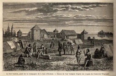 Fort Youkon, in the Gulf of Norton, Alaska, founded in 1847, an establishment of the Hudson Bay Company, Indians encamped around the palisades. Engraving to illustrate the voyage and adventures in English Colombia, Vancouver Island and Alaska, by Frederick