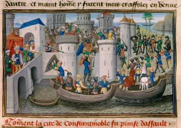 Fourth Crusade: View of the capture of Constantinople by the Crusaders in 1203-1204. Miniature from the “Chronique abrégée” by David Aubert